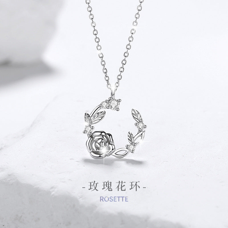 Rose Sterling Silver 925 Necklace for Women, Niche Design, Light Luxury Clavicle Chain, INS Style Garland Zircon Pendant