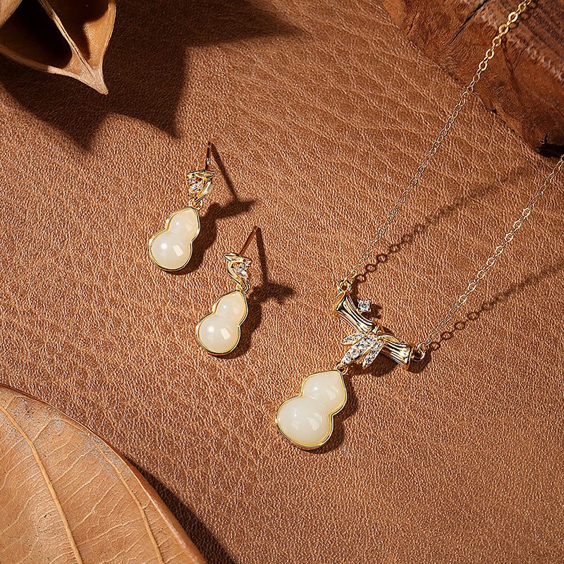 New Chinese Style Hetian Jade Set S925 Sterling Silver Gourd Necklace Ear Studs High-Rise Fu Lu National Style Light Luxury Jewelry