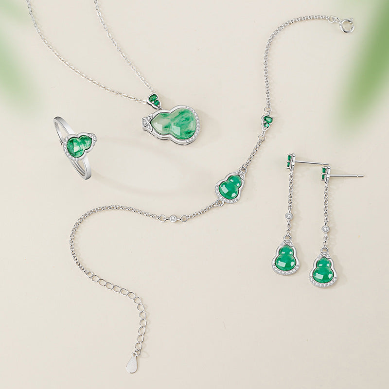 Gourd Sterling Silver 925 Bracelet Women's Light Luxury High-Grade Natural African Emerald Bracelet Ins Style Fu Lu Double Full Bracelet