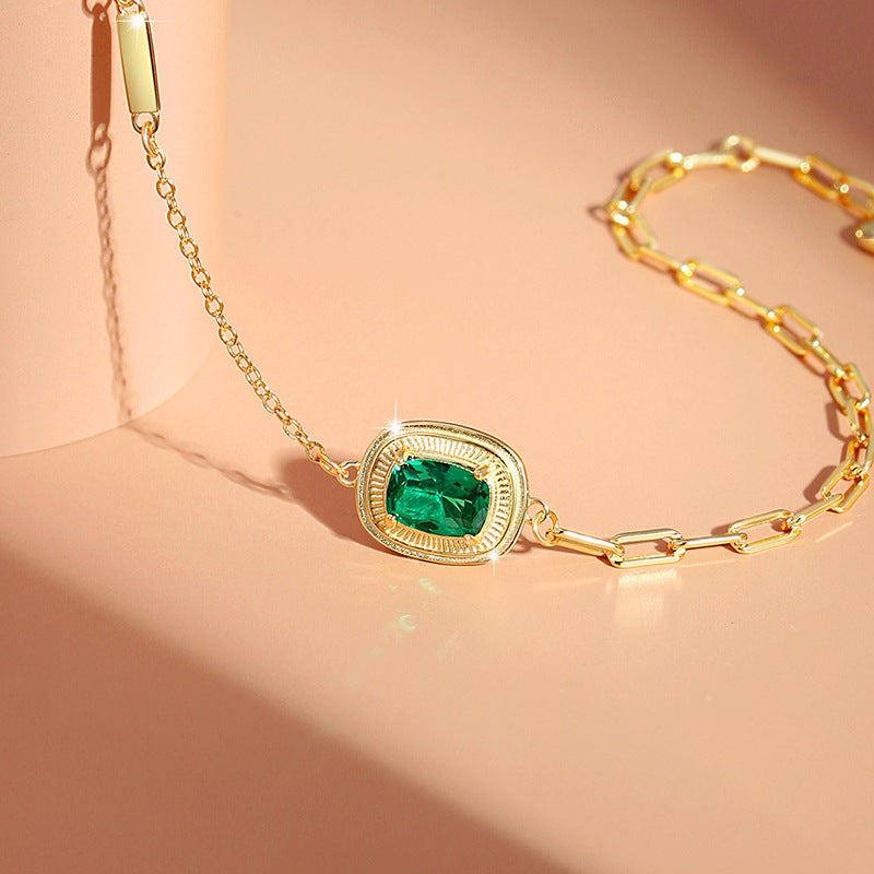 Square Sugar Sterling Silver 925 Bracelet Female Niche Design High-Grade Emerald Zircon Bracelet Ins Style Cross-Border Bracelet
