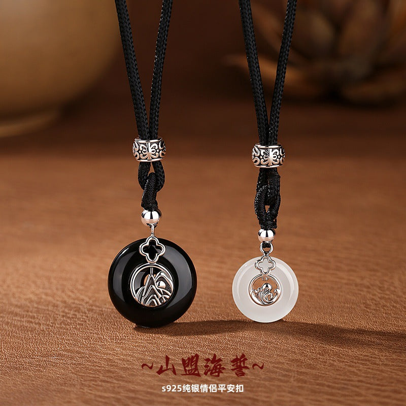 Love Oath Couple Safety Buckle S925 Sterling Silver Necklace Black Agate White Chalcedony Pendant Valentine's Day Gift