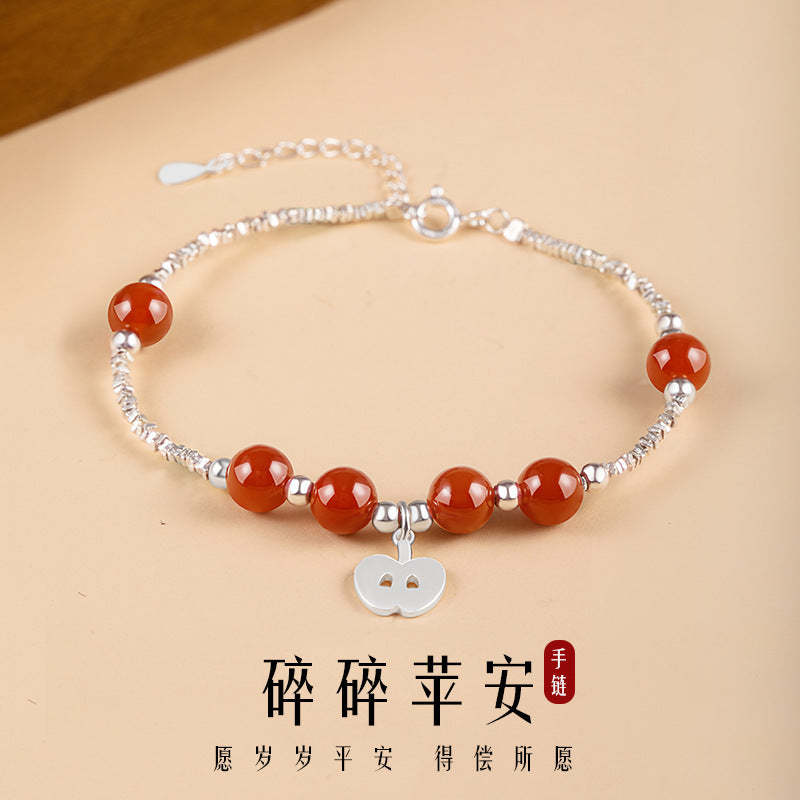 Women's Two Sterling Silver 925 Bracelet with Broken Silver, Light Luxury, High-Grade Christmas Eve Apple Bracelet, Red Agate Christmas Bracelet