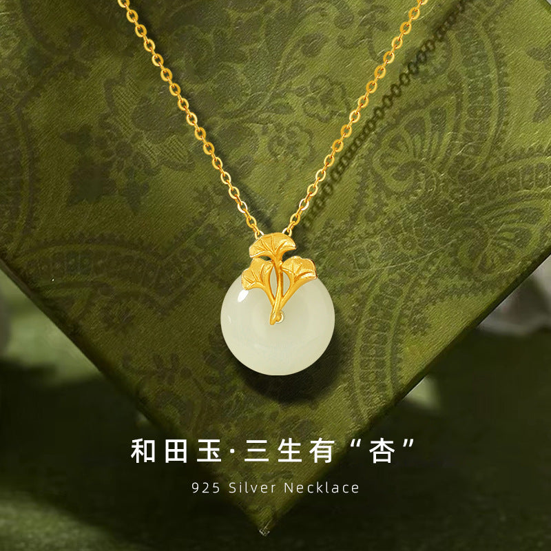 Original Sansheng Lucky Sterling Silver 925 Hetian Jade Necklace New Chinese Style Safety Buckle Clavicle Chain Ins Ginkgo Leaf Pendant