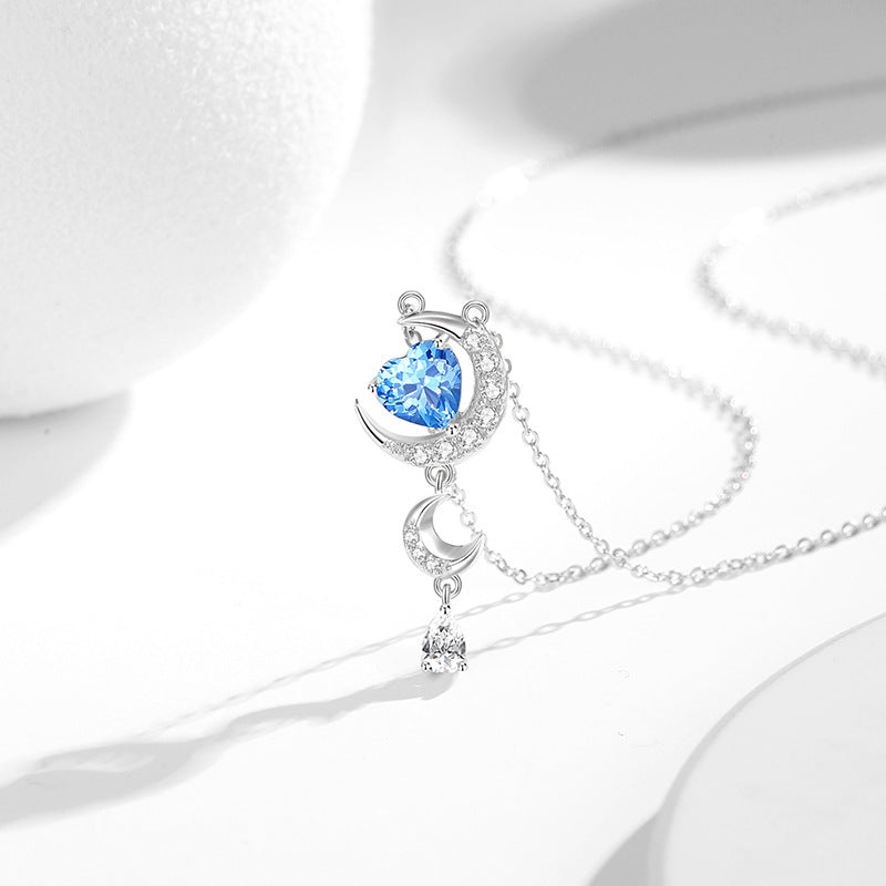 Moon Sterling Silver 925 Necklace Female Niche Design High-Grade Navy Blue Zircon Star Clavicle Chain Ins Love Pendant