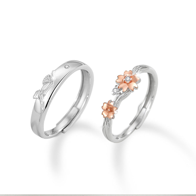 Cherry Blossom Sterling Silver 925 Couple Ring Men and Women Niche Design Light Luxury Zircon Ring Get Things Ins Flower Ring