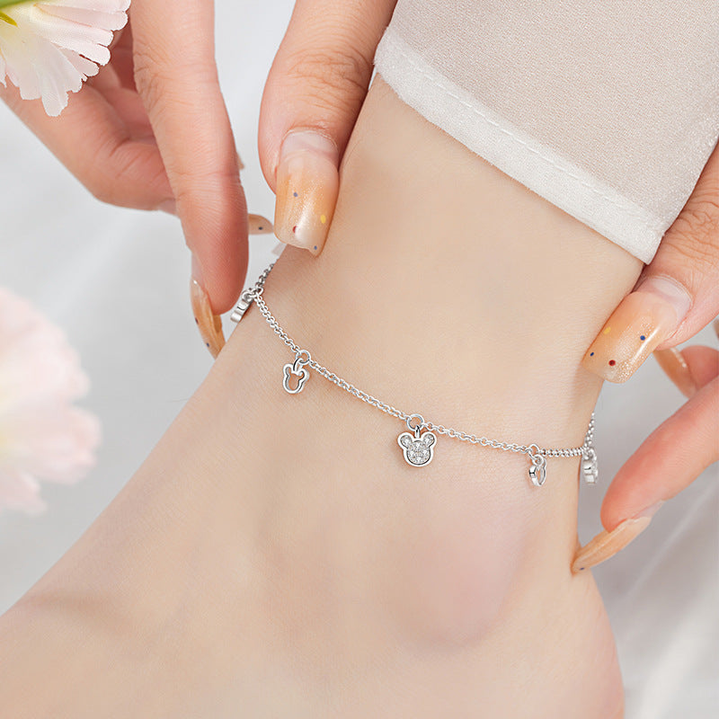 Cute Mouse Sterling Silver 925 Anklet Female Niche Design Light Luxury Zircon Zodiac Anklet Ins Style Mouse Anklet
