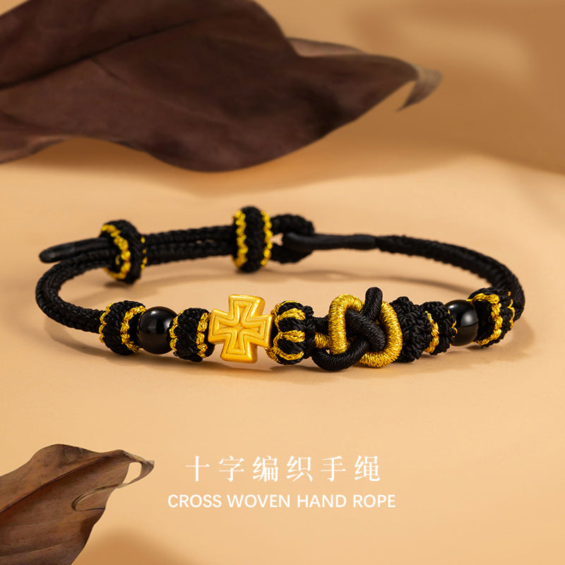 Cross Flower Pure Silver 999 Bracelet Niche Design Light Luxury Handmade Woven Bracelet Ins Style Black Agate Bracelet