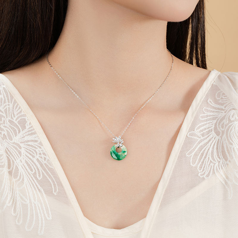 Collana in argento sterling 925 – loto e disco e giada