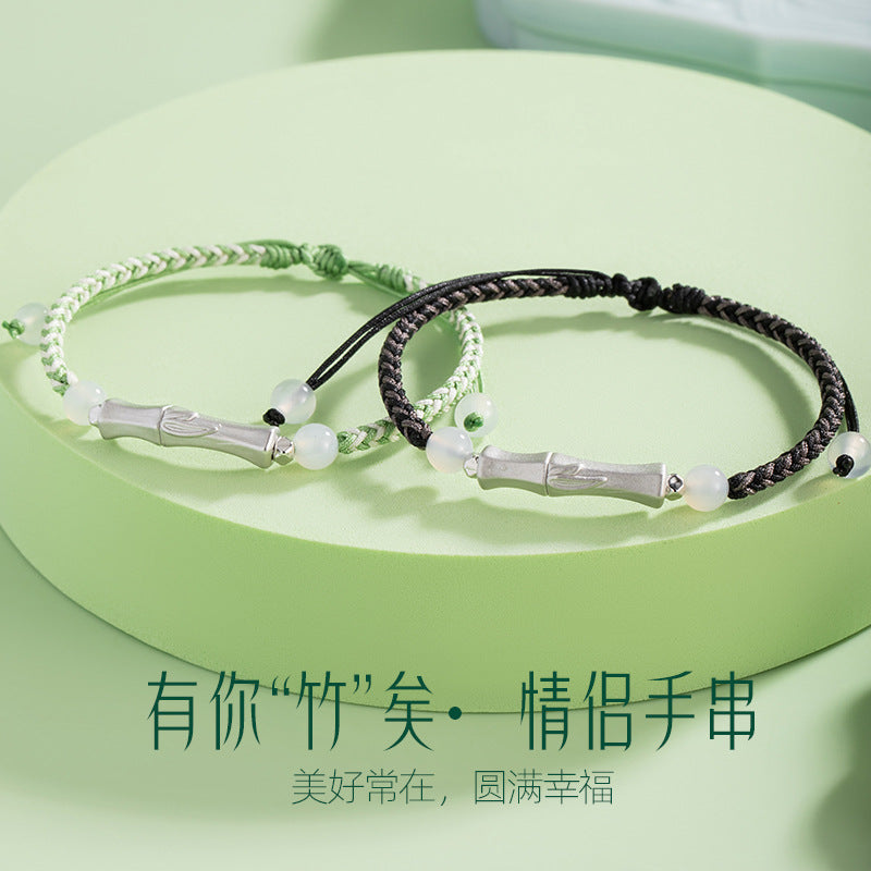 Festival High-Rise Sterling Silver 925 Couple Chalcedony Bracelet National Fashion New Chinese Style Bamboo Bracelet Ins Style Bamboo Bracelet