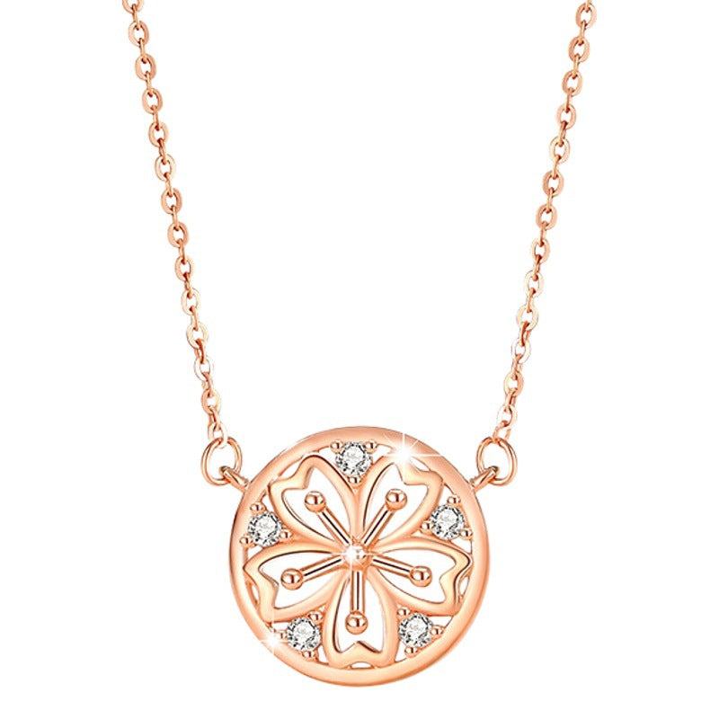 Cherry Blossom Sterling Silver 925 Necklace for Women, Niche Design, Light Luxury Zircon Clavicle Chain, INS Style Flower Pendant