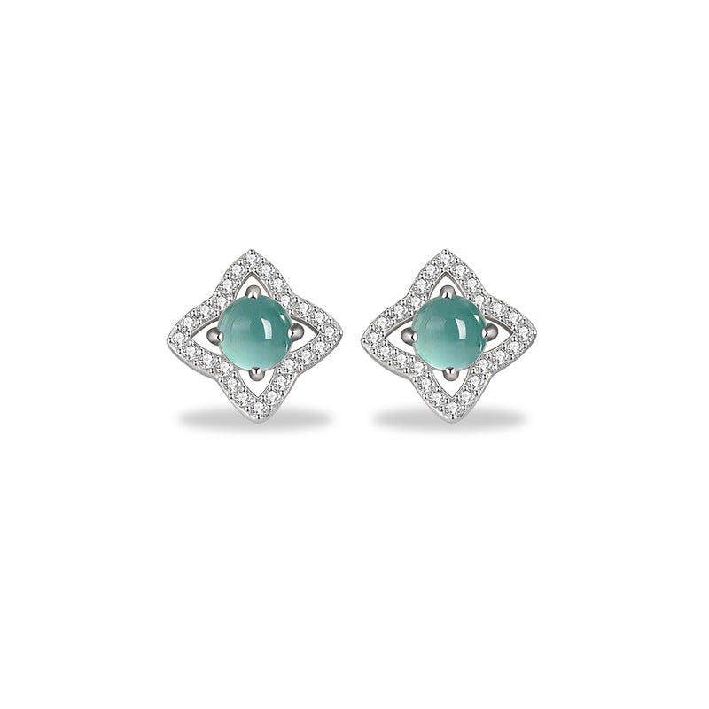 Lucky Clover Sterling Silver 925 Stud Earrings Women's New Chinese Style Natural Blue Water Dangerous Jade Earrings Ins Flower Earrings
