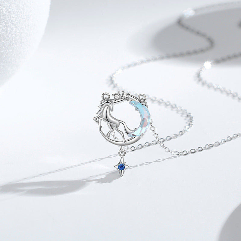 Collana in argento sterling 925 – unicorno e luna e dettaglio in vetro