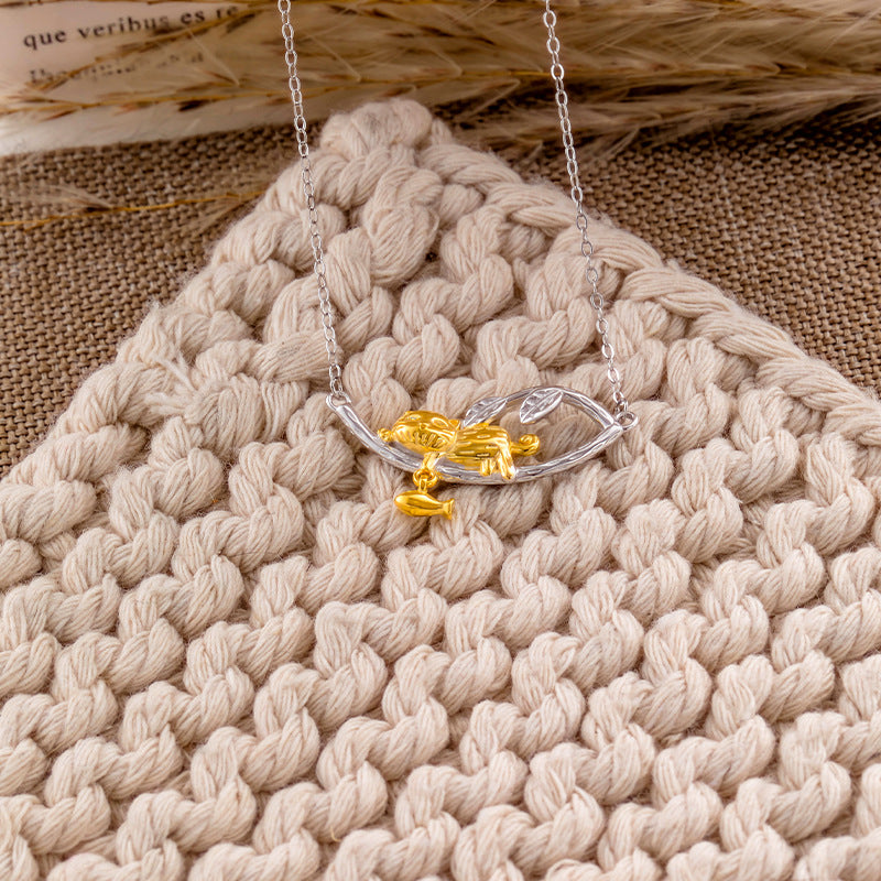 S925 Sterling Silver Necklace National Style Cat Two-Color Clavicle Chain Niche Design Sense All-Match Pendant Gift Commuter Silver Jewelry