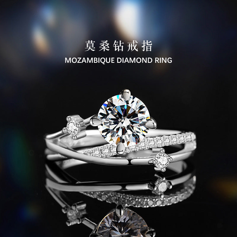 Moissanite Sterling Silver 925 Ring Women's Light Luxury Small Diamond Meteor Ring 1 Karat Double Layer 4 Grab Wedding Ring