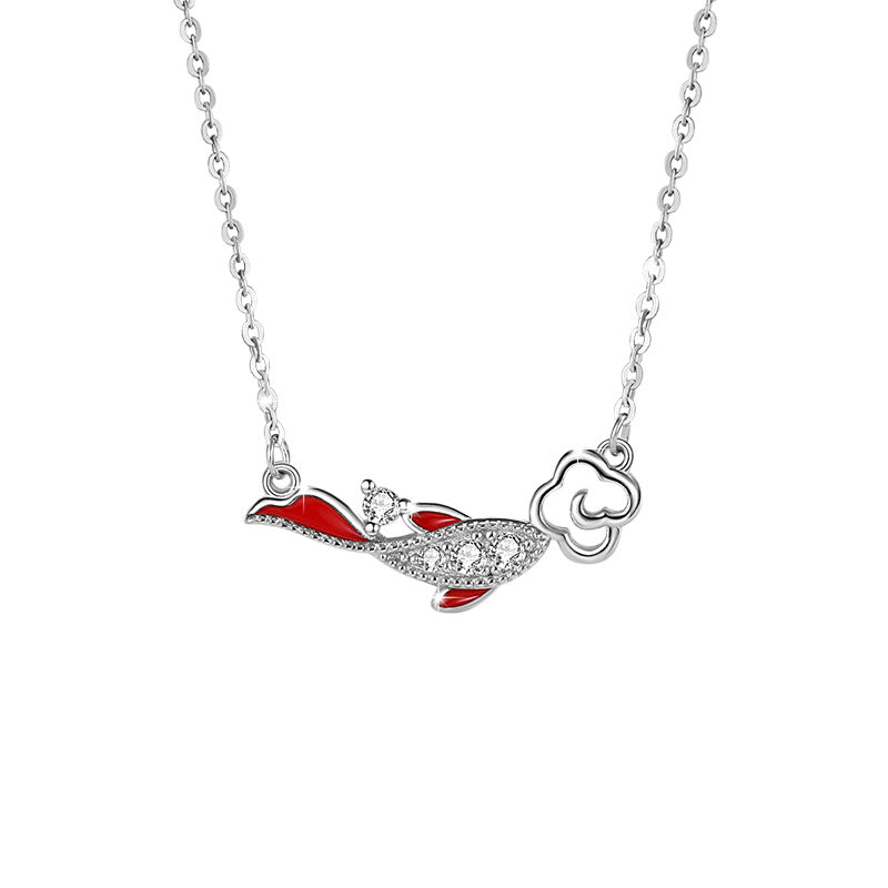 Koi Fish Sterling Silver 925 Necklace Women's Fashion All-Match Zircon Clavicle Chain for Valentine's Day Ins Auspicious Cloud Pendant