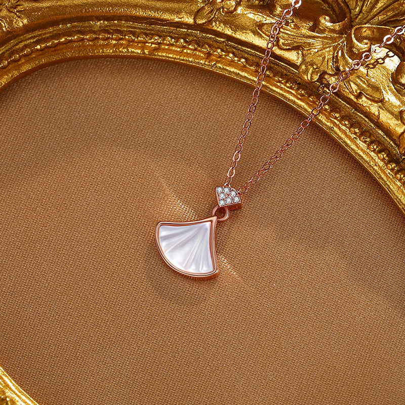 Small Skirt Sterling Silver 925 Necklace Female Niche Design Light Luxury White Fritillary Fan Clavicle Chain Zircon Shell Pendant