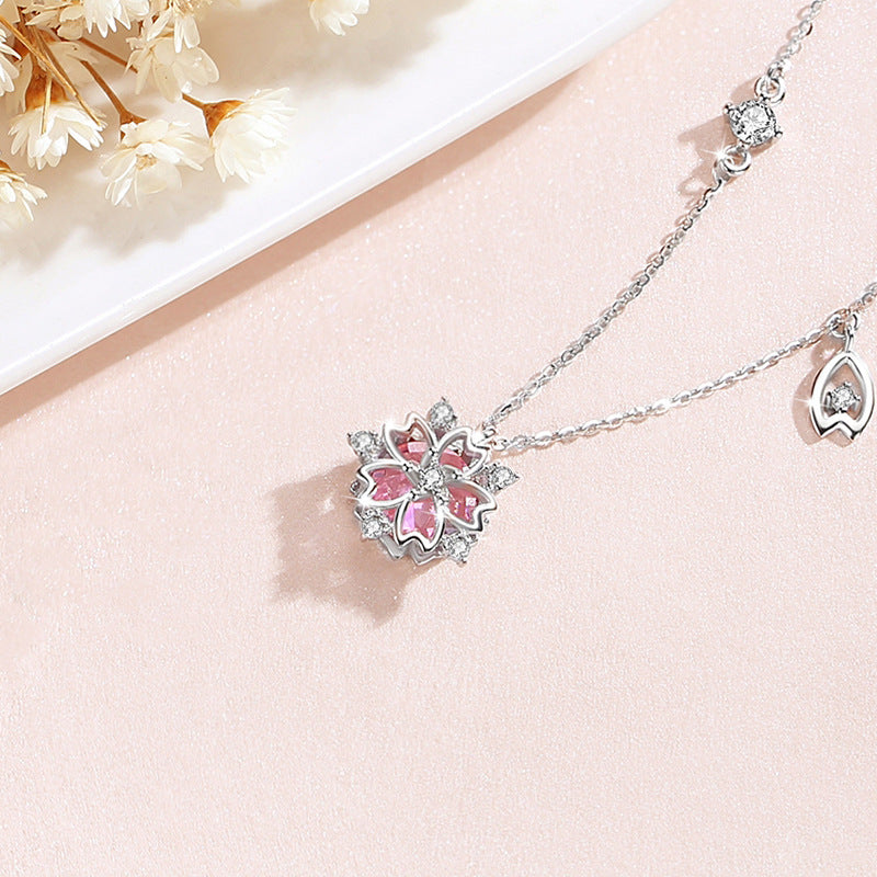Cherry Blossom Sterling Silver 925 Necklace Female Niche Design Light Luxury Pink Zircon Clavicle Chain Get Things Ins Style Pendant