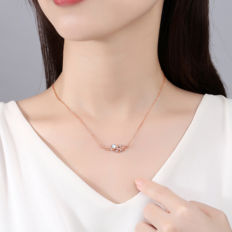 Golden Branch Jade Leaf Sterling Silver 925 Necklace Women's Niche Design Light Luxury Clavicle Chain Ins Style Zircon Branch Pendant