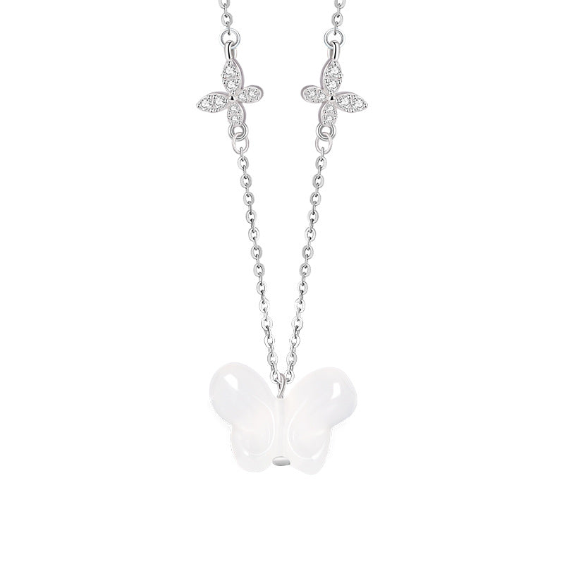 S925 Sterling Silver White Agate Butterfly Necklace Diamond-Embedded Clover Niche Design High-Grade Clavicle Chain Wholesale Delivery