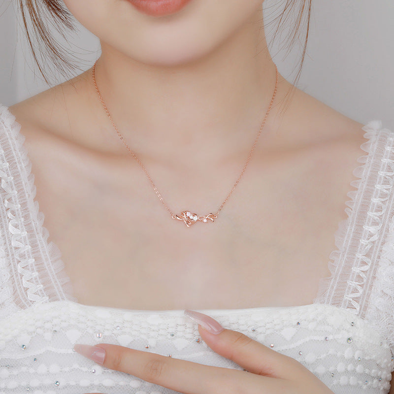 Bowknot Sterling Silver 925 Necklace Female Niche Design Light Luxury Zircon Clavicle Chain Get Things Ins Style Love Pendant