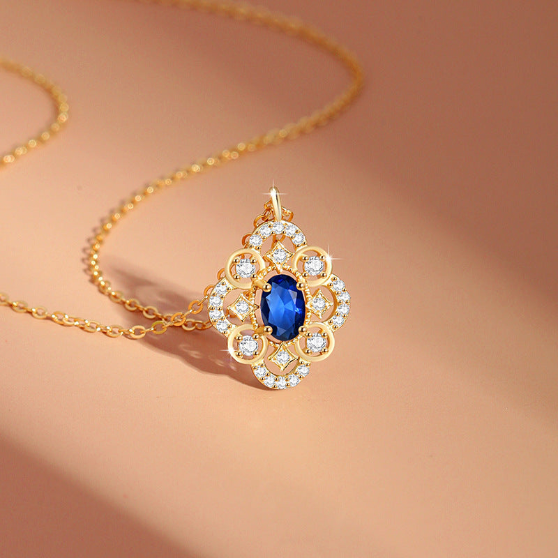 Clover Sterling Silver 925 Necklace Female Niche Design Light Luxury Blue Zircon Flower Clavicle Chain Ins Love Pendant