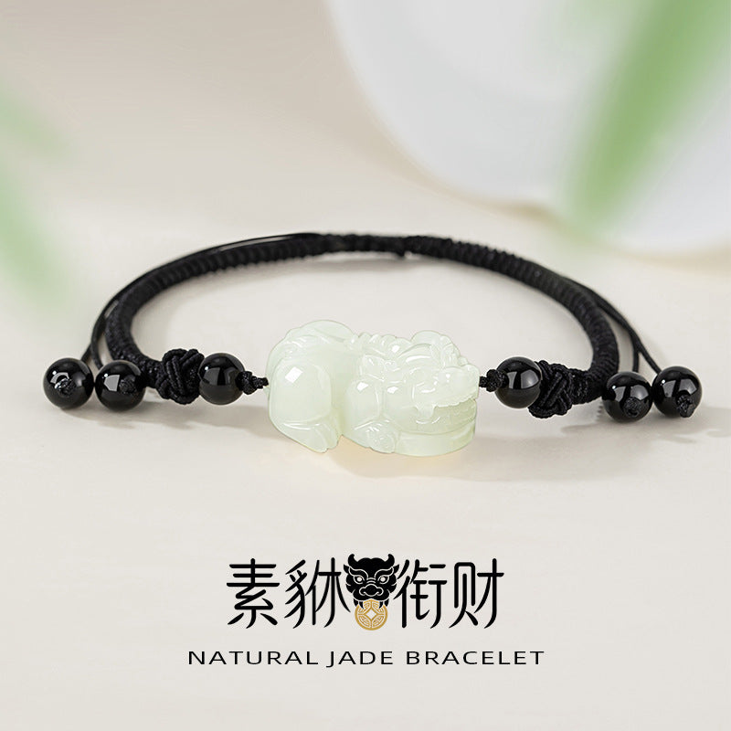 Natural Hetian Jade Bracelet Handmade Braided Rope Ethnic Style Unisex Black Agate Bracelet Gift