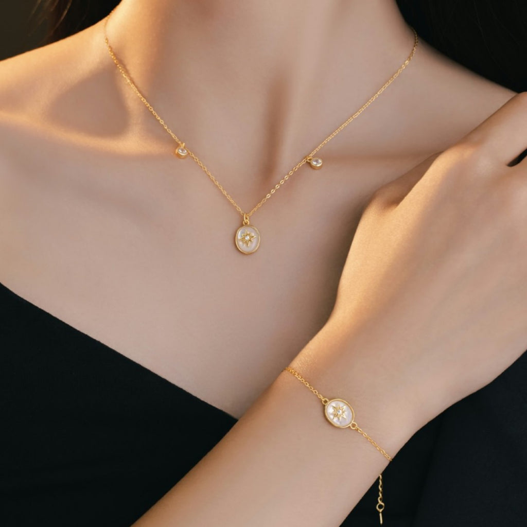 Eight Awn Star Sterling Silver 925 Necklace Women's Retro Light Luxury White Fritillary Clavicle Chain French High-Grade Star Pendant