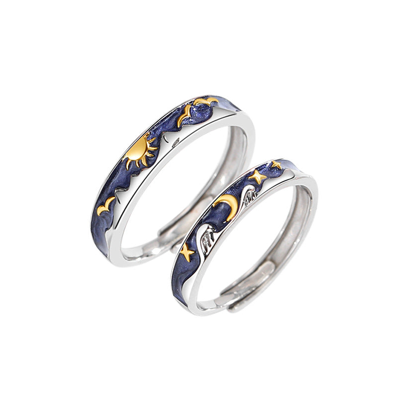 Sun Moon Star River Sterling Silver 925 Couple Ring Simple Niche Plain Ring Goddess Festival Sun Moon Adjustable Ring