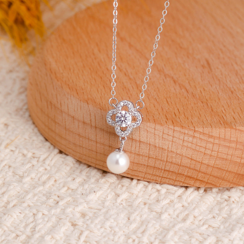 New S925 Sterling Silver Clover Pearl Set Necklace Stud Earrings Ring Light Luxury Zircon Jewelry Female Factory Direct Supply