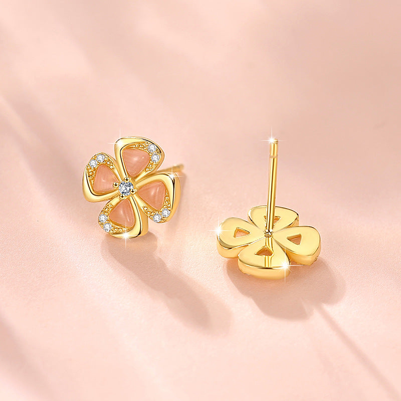 Lucky Clover Sterling Silver 925 Stud Earrings Women's Fashion All-Match Lovely Zircon Earrings Ins Style Flower Earrings
