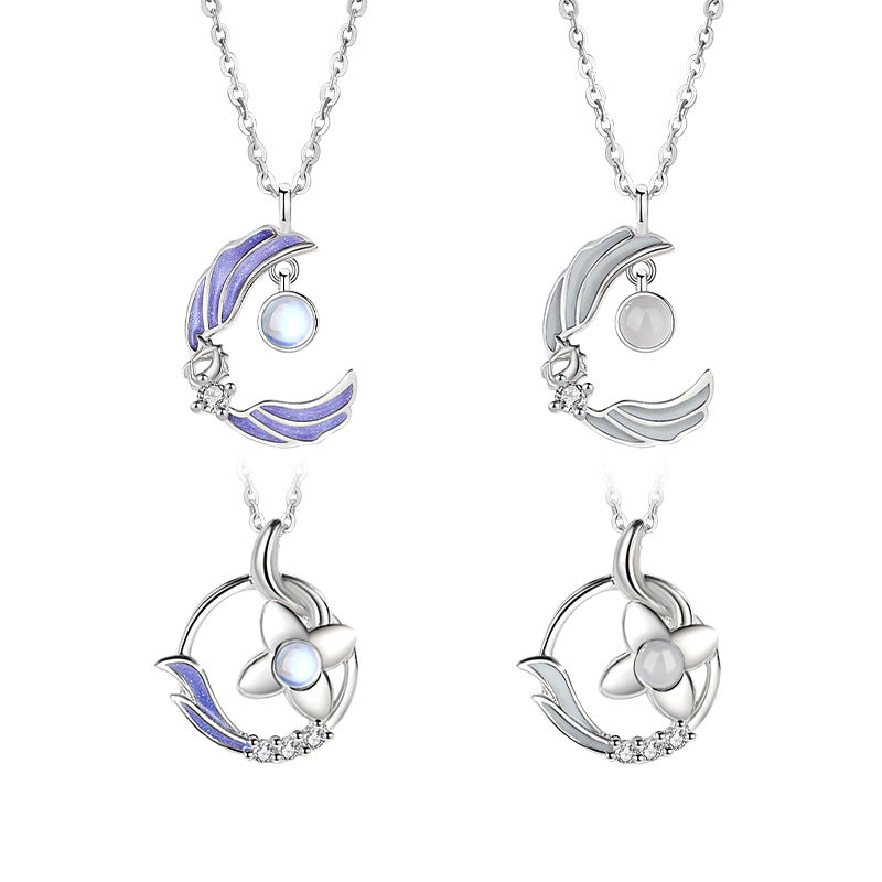Collana in argento sterling 925 – ala d'angelo e unicorno e agata bianca