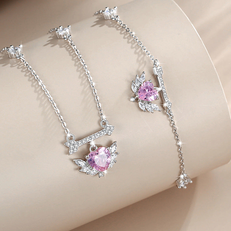 Women's 925 Sterling Silver Necklace with One Arrow, Fashionable All-Match Angel Wings Clavicle Chain, INS Love Pendant