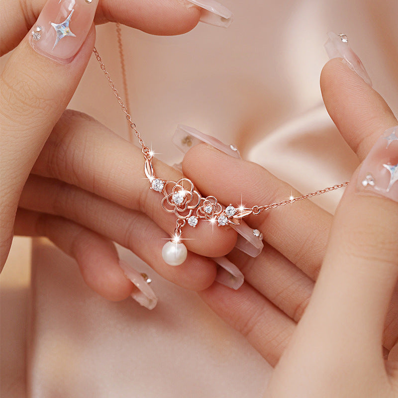 Cherry Blossom Sterling Silver 925 Necklace Female Niche Design Light Luxury Flower Clavicle Chain Ins Style Zircon Pearl Pendant