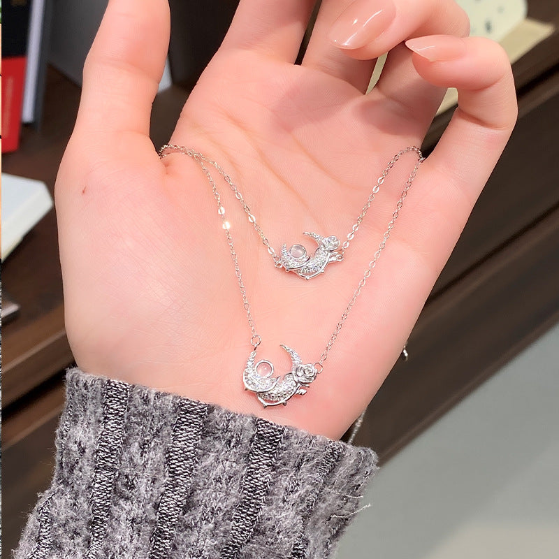 S925 Sterling Silver Rose Set Natural White Agate Star Moon Necklace Bracelet for Girlfriend Birthday Valentine's Day Gift for Women