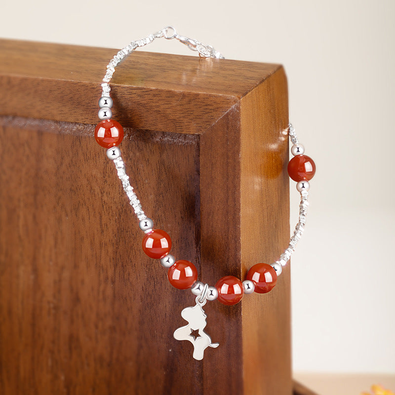 Immediately Rich Flower Sterling Silver 925 Bracelet Women's Light Luxury Red Agate Birth Year Bracelet Ins Style Zodiac Horse Bracelet