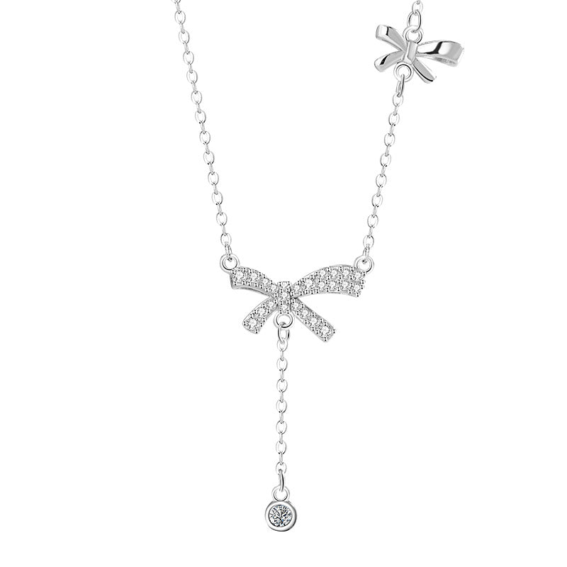 Bowknot Sterling Silver 925 Necklace Female Niche Design Light Luxury Zircon Tassel Clavicle Chain Ins Style Love Pendant