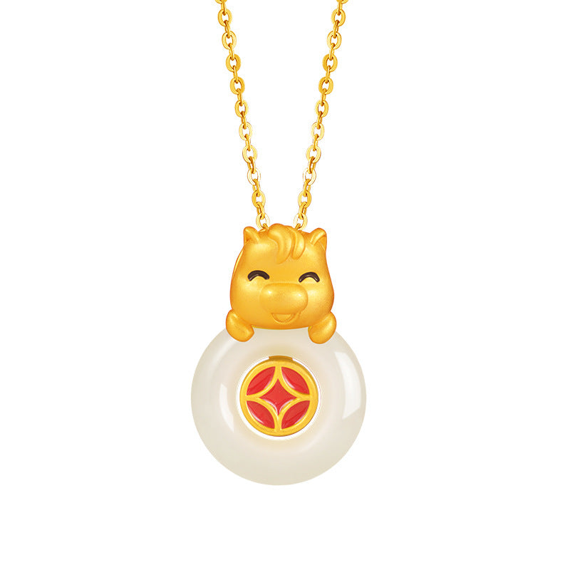 Immediately Rich Sterling Silver 925 Necklace Women's Light Luxury Hetian Jade Birth Year Clavicle Chain Zodiac Horse Safety Buckle Pendant