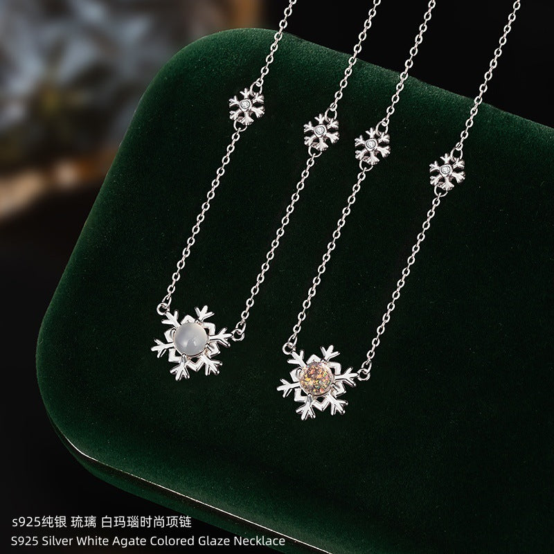 S925 Sterling Silver Necklace Light Luxury Niche High-Grade White Agate Magic Color Glaze Double Optional Clavicle Chain Gift for Women