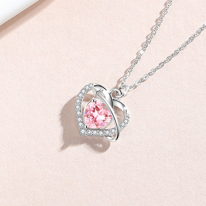 Women's Heart-Shaped Sterling Silver 925 Necklace, Fashionable All-Match Pink Zircon Clavicle Chain, INS Heart-Piercing Pendant