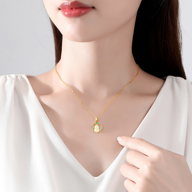 Fu Lu Double Full Hetian Jade Sterling Silver 925 Necklace Women's National Fashion Ethnic Style Clavicle Chain Green Agate Jade Gourd Pendant