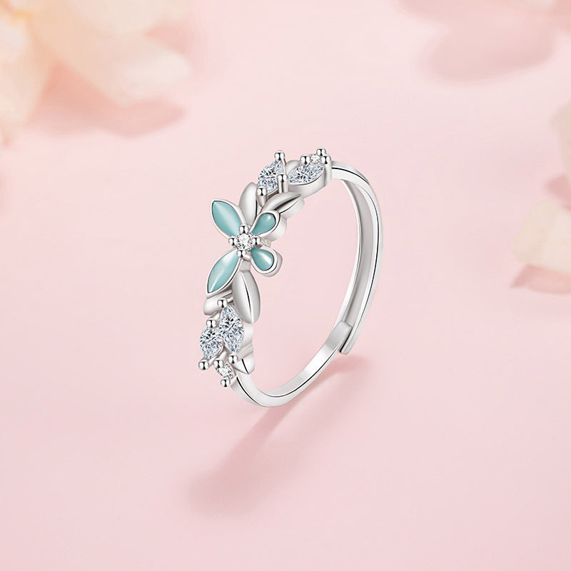 Streamer Butterfly Pure Silver 999 Luminous Ring Female Cute Sweet Style Open Adjustable Ring Ins Star Pair Ring