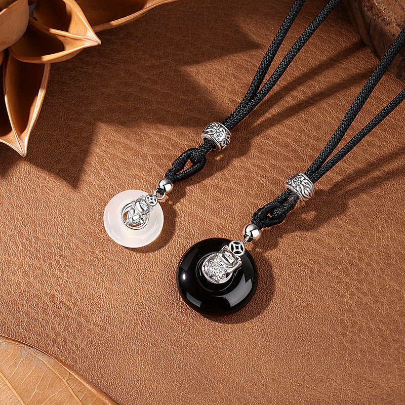S925 Silver Jewelry National Style Couple's Safety Buckle Black Agate White Chalcedony Lucky Lucky Token Valentine's Day Gift