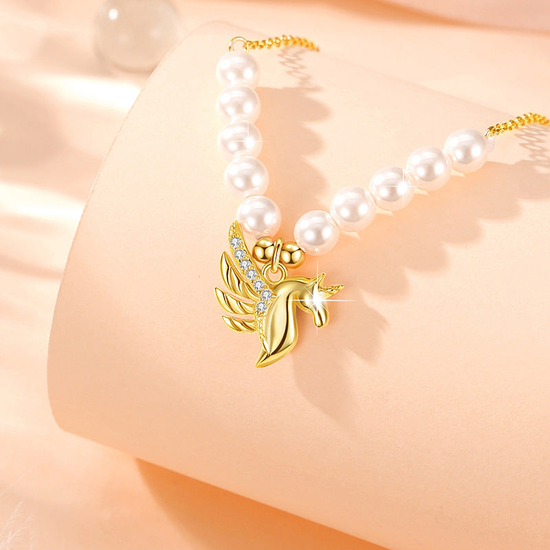 Unicorn Sterling Silver 925 Necklace Female Niche Design Light Luxury Pearl Clavicle Chain Get Things Ins Style Tianma Pendant