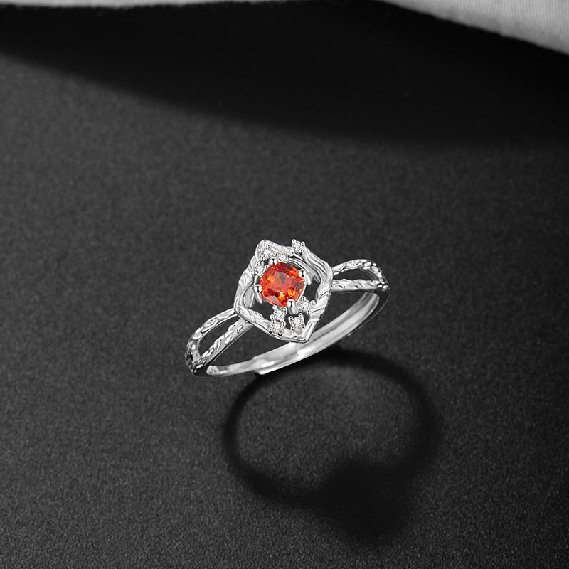 Ice Flower Sterling Silver 925 Ring Female Niche Light Luxury High-Grade Square Sugar Orange Zircon Ring Ins Style Love Ring