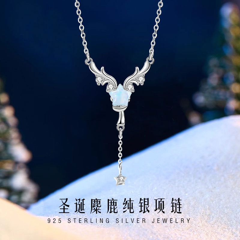 Antler Sterling Silver 925 Necklace Women's Fashion Versatile Tassel Star Clavicle Chain Christmas Ins Style Elk Pendant