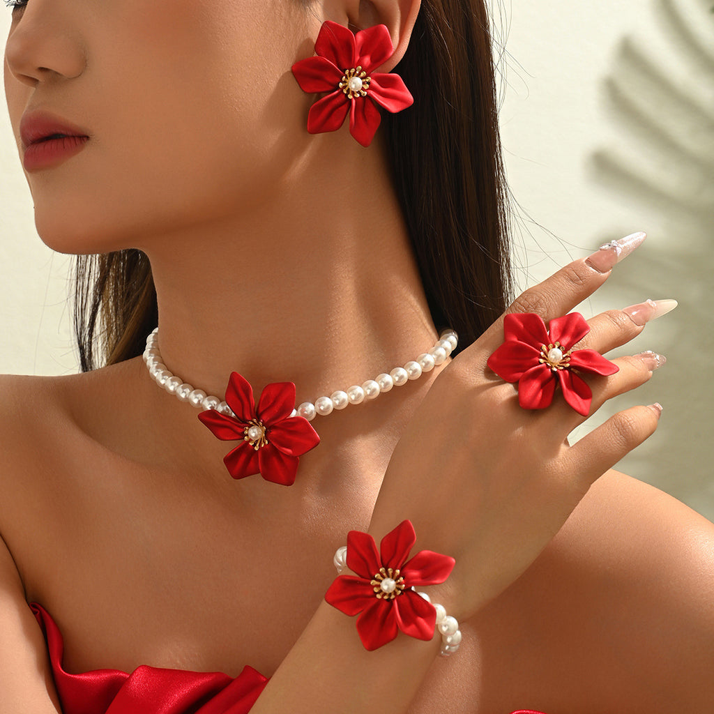 Red Flower and Pearl-Effect Jewelry — product image 2