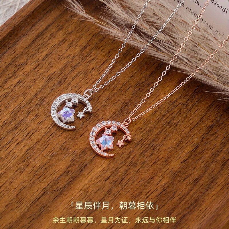 New Exquisite S925 Sterling Silver Necklace Women's Colorful Five-Pointed Star Clavicle Chain Light Luxury Fantasy Star Moon Girl Heart Gift
