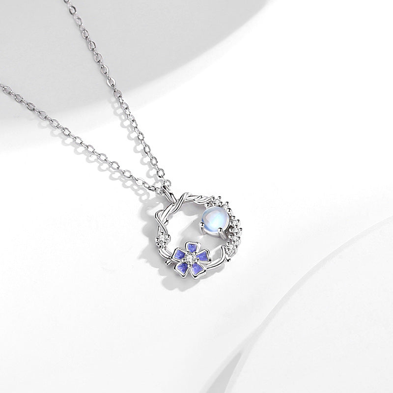 Rainy Season Floral Sterling Silver 925 Necklace Female Niche Design Light Luxury Zircon Clavicle Chain Ins Style Glass Stone Pendant