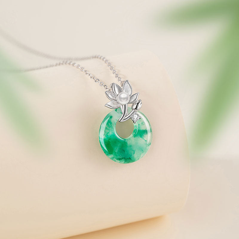 Collana in argento sterling 925 – loto e disco e giada