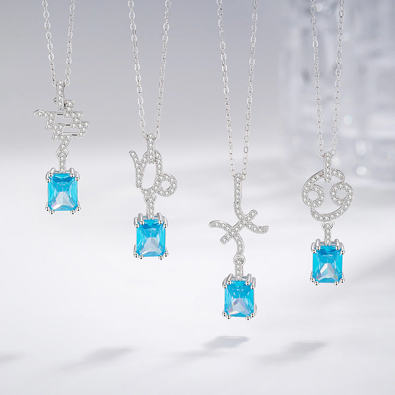 Lucky Twelve Constellation Sterling Silver 925 Necklace Niche Design Light Luxury Square Sugar Clavicle Chain Ins Style Zircon Pendant